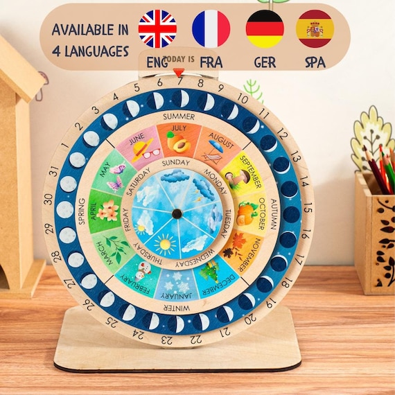 Montessori Calendar Perpetual Kids First Calender Wooden Circular Calendar Wheel of the Year Phases of the Moon Montessori Gift for Kids