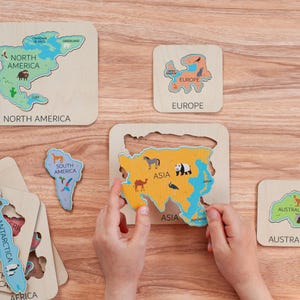 Regali educativi per bambini Puzzle dei continenti in legno Giocattolo Montessori Geografia per bambini Puzzle di forme corrispondenti Puzzle della mappa del mondo Regalo per bambini di 4 anni