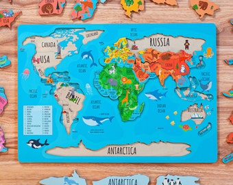 Montessori Wooden World Map Puzzle, Geography Learning Toy