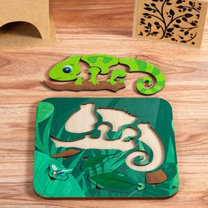 Colorful Chameleon Wooden Jigsaw Puzzle Montessori Matching Toy Animal Puzzle for Kids Gift for 3 Year Old Preschool Puzzle Motor Skills Toy