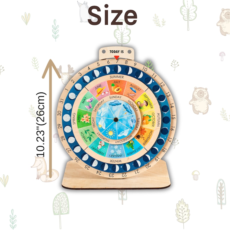 May include: Wooden educational calendar with a circular design. The calendar features the days of the week, months, seasons, and a moon phase indicator. The calendar is 10.23 inches (26cm) tall and has the word "Size" at the top.