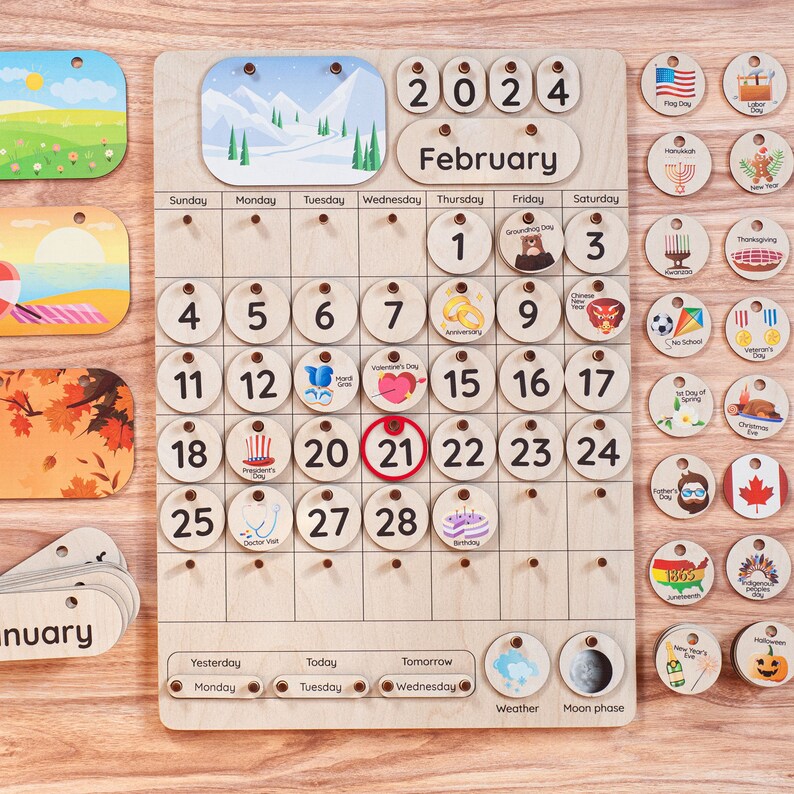 Montessori Calendar Educational Toy Toddler Room Decor Wooden Calendar ...