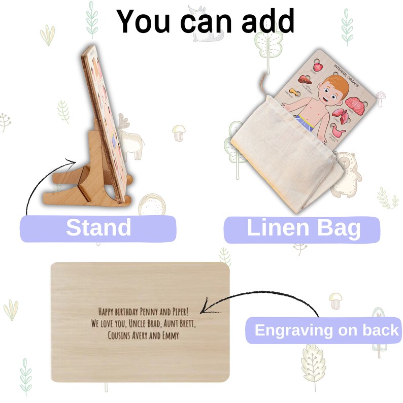 Op de afbeelding: Een houten telefoonstandaard, een linnen tas met een educatieve kaart over interne organen en een houten plaat met een gegraveerde boodschap. De tekst op de plaat luidt: "HAPPY BIRTHDAY PENNY AND PIPER! WE LOVE YOU, UNCLE BRAD, AUNT BRETT, COUSINS AVERY AND EMMY."