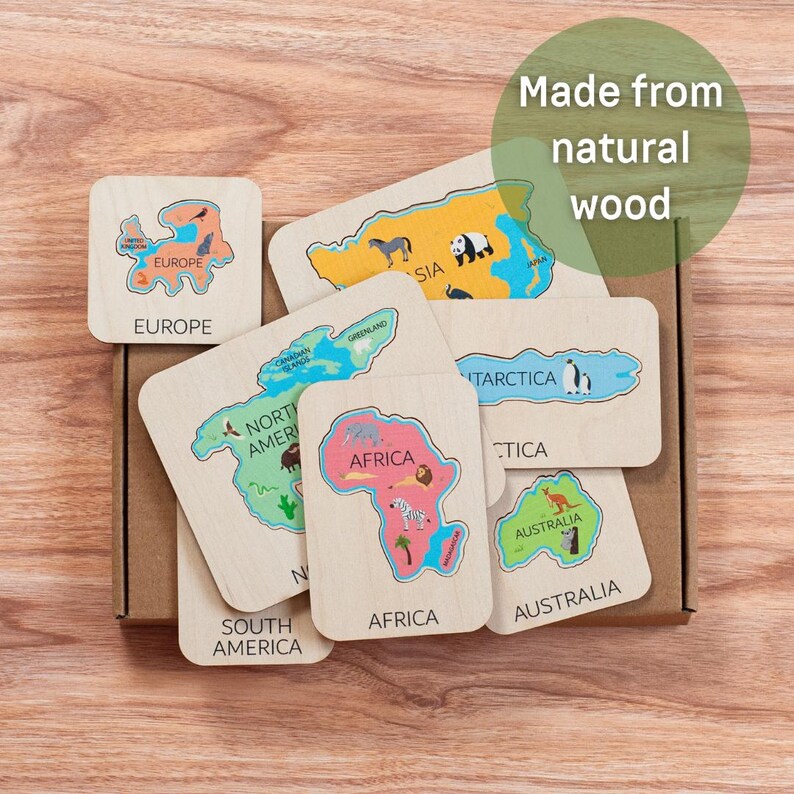 Contient Pieces Educational World Map Puzzle: Montessori Wooden Toy for Kids - Etsy