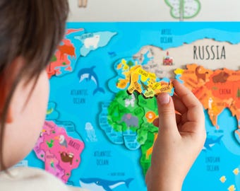Montessori World Map Puzzle: Sensory Wooden Map Toy for 4 Year Old