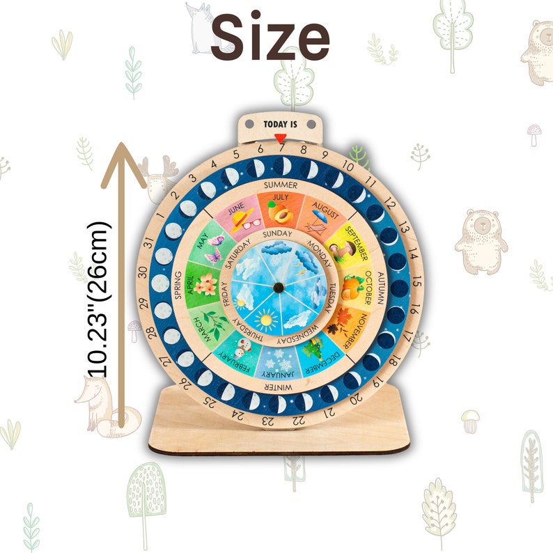 May include: Wooden educational calendar with a circular design, featuring the text "Today Is" at the top. The calendar displays months, seasons, and moon phases. It measures 10.23 inches (26cm) in height.