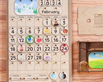 Wooden Montessori Calendar 2026: Preschool Learning Wall Calendar for Kids