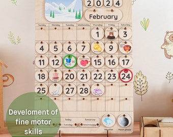 Montessori Calendar All Seasons Toddler Wooden Perpetual Calendar 2026 Monthly Calendar Gift for Toddler Kids Wall Homeschool Calendars
