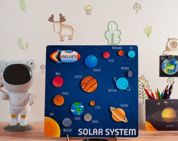 Montessori Solar System Puzzle: Wooden Space Toy with Dwarf Planets, Educational Gift for Kids