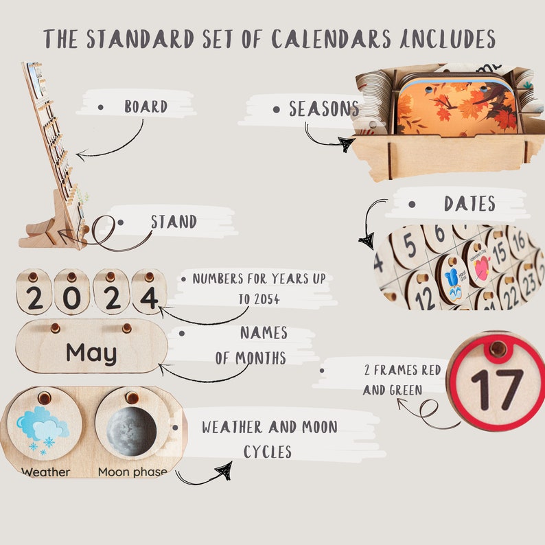 Montessori Calendar Educational Toy Toddler Room Decor Wooden Calendar ...