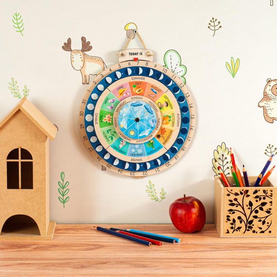 Montessori Calendar Kids Wooden Wheel Calendar with Months Perpetual Lunar Phases Calendar Montessori Board Educational Toys Gifts for Kids