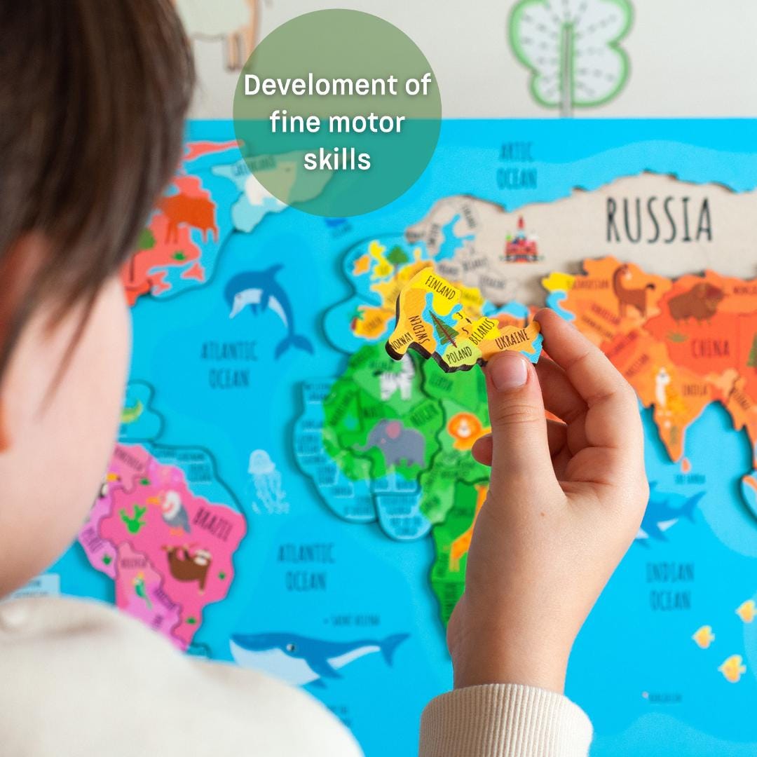 Wooden World Map Puzzle: Montessori Learning Toy for Kids Geography ...