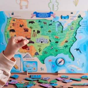 USA Karte Holzpuzzle Kinderspielzeug Montessori Lernspielzeug USA Map Puzzle für Kleinkinder Perfektes Geschenk für Kinder Holzkarte