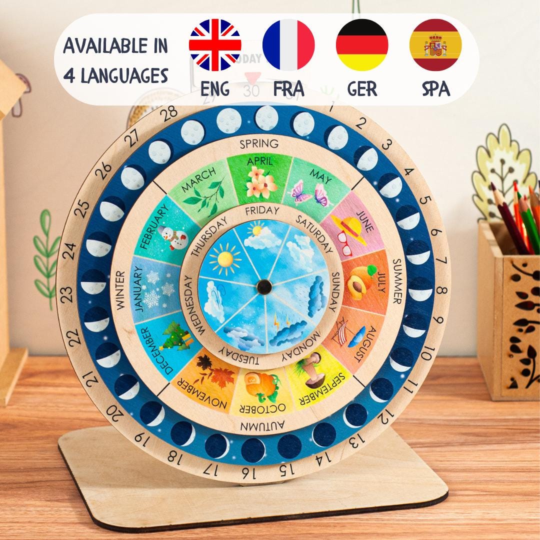 Montessori Wooden Calendar Wheel: Moon Phases Educational Toy for 5 ...