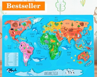 Rompecabezas de madera con mapa del mundo para niños, rompecabezas de geografía Montessori, regalos educativos para niños que aprenden y para la escuela, mapa del mundo para niños.
