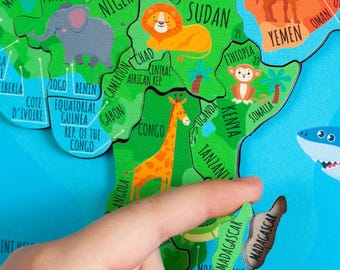 Wooden World Map Puzzle: Montessori Geography Toy for Kids and Memory Games