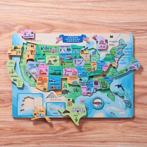 Geschenke für Kinder USA Map Puzzle Montessori Lernen Lernspielzeug Holz Puzzle Kleinkind USA Map Puzzle mit Tieren Kinderzimmer Dekor