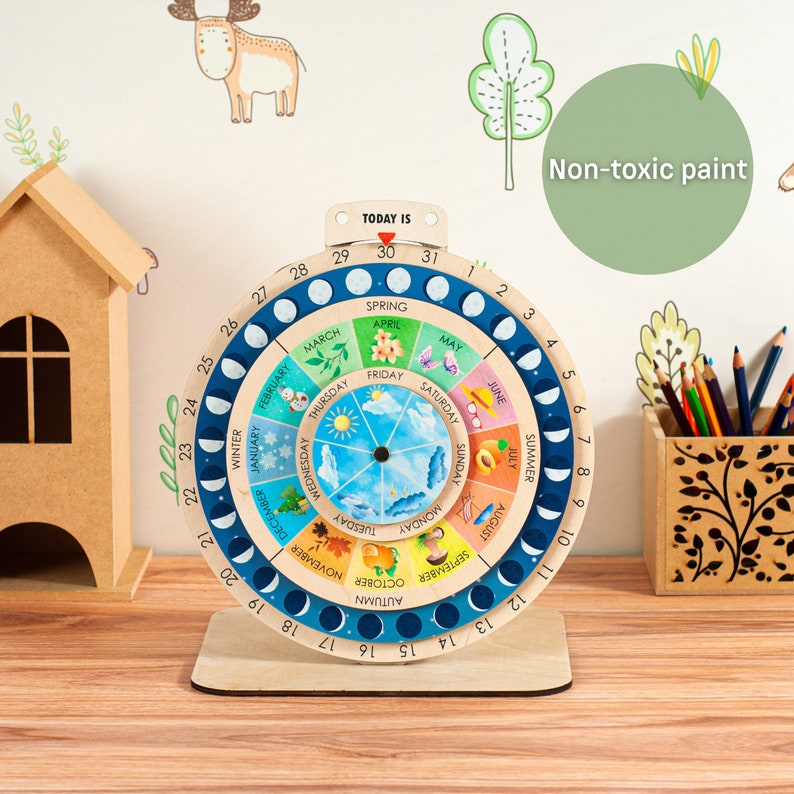 Montessori Calendar Kids Wooden Wheel Calendar with Months Perpetual Lunar Phases Calendar Montessori Board Educational Toys Gifts for Kids image 12