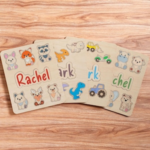 Personalized Name Puzzle Colorful Wooden Toddler Puzzle Fine Motor Skills Sorting Toy Wooden Animal Puzzle Custom Gift for 3 Year Old