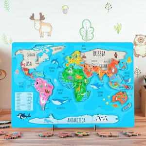 Weltkarte Puzzle Montessori Lernspielzeug Geographie für Kinder Holz Weltkarte Puzzle Spielzeug Memory Spiele Geschenk für Kleinkinder Kontinente Puzzle