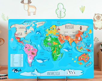 Montessori Wooden World Map Puzzle, Geography Learning Toy