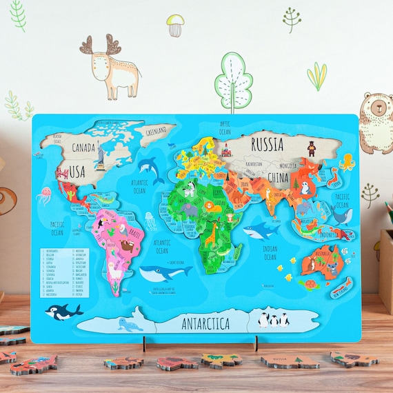 Montessori Wooden World Map Puzzle, Geography Learning Toy - Etsy