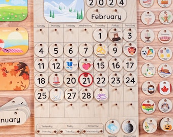 Montessori Wooden Toddler Calendar: Perpetual Kids Learning Toy