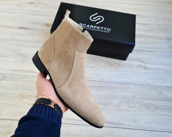 Beige Suede Leather Chelsea Boots for Men | Handmade Black Leather Casual Boots| Mens Leather Ankle Boots for Parties