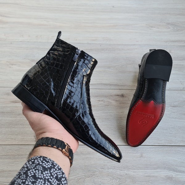 Bottes Chelsea en cuir verni effet croco Raphael Black pour homme | Semelle rouge