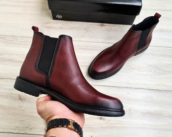 Premium Leather Burgundy Chelsea Boots for Men | Handmade Brown Leather Casual Boots | Mens Leather Ankle Boots for Parties