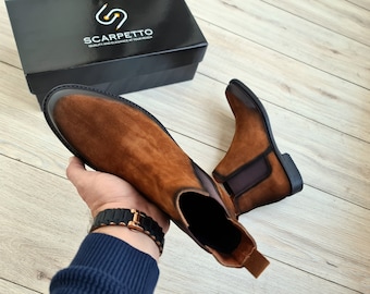 Tobacco Suede Leather Chelsea Boots for Men | Handmade Brown Leather Casual Boots| Mens Leather Ankle Boots for Parties