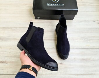 Suede Leather Dark Navy Chelsea Boots for Men | Handmade Brown Leather Casual Boots | Mens Leather Ankle Boots for Parties