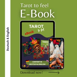Könnte beinhalten: Digitales Tarot-E-Book auf einem Tablet und Smartphone. Das Tablet zeigt eine farbenfrohe Tarotkarten-Auslage mit dem Text "Tarot to feel E-Book". Das Smartphone zeigt eine Karte mit einer weißen Taube und Händen.
