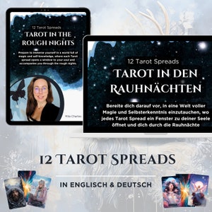 May include: Digital product featuring a woman and the text "12 Tarot Spreads: Tarot in the Rough Nights" in English and German. The image includes a tablet and laptop displaying the product, along with tarot cards.