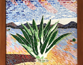 Stained Glass Mosaic Agave Framed 16 x 17 Handmade Desert Southwest Wall Art Piece