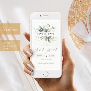 May include: A mobile phone screen displaying a save the date card with a watercolor floral design. The card says "Save the Date" for the wedding of Amanda and Daniel on August 17th at 2:00 PM in Miami Beach, Florida.