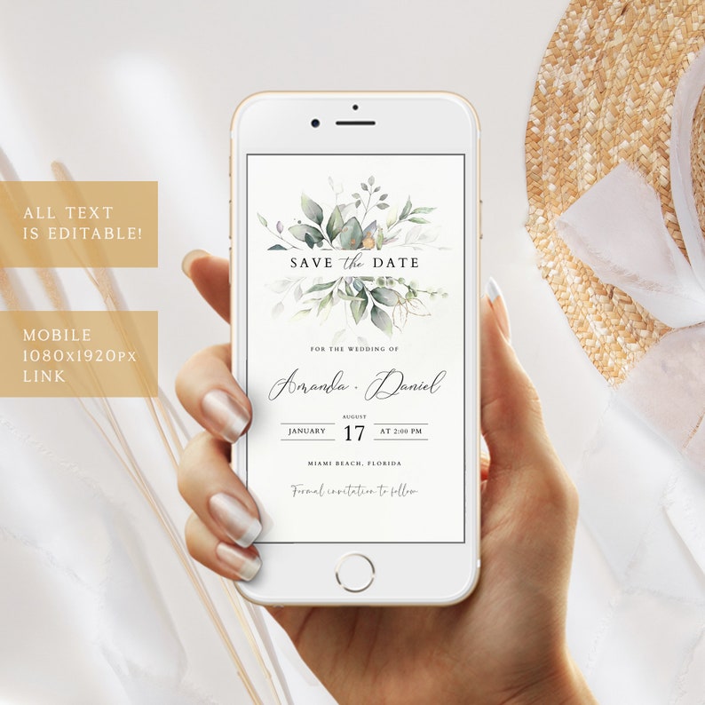 May include: A mobile phone screen displaying a save the date card with a watercolor floral design. The card says "Save the Date" for the wedding of Amanda and Daniel on August 17th at 2:00 PM in Miami Beach, Florida.