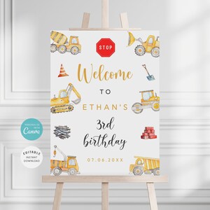 Baustelle Geburtstag Willkommensschild, Bauwagen Partydekoration, Willkommensschild zum 3. Geburtstag von Kipper, bearbeitbare Vorlage, BS-70