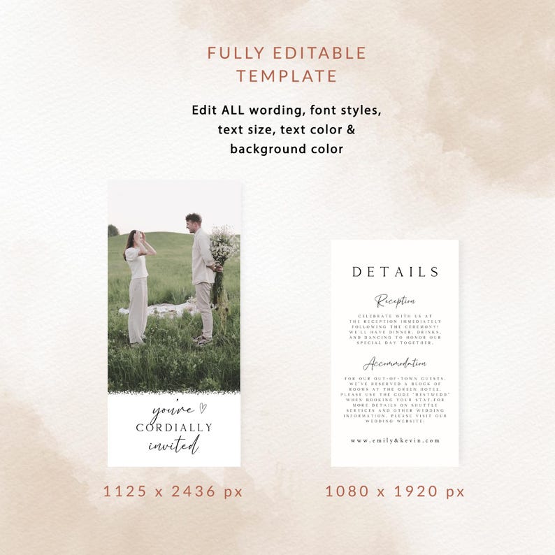 May include: A wedding invitation template with a photo of a couple in a field. The text on the invitation says "you're cordially invited". The details card includes information about the reception and accommodation. The template is fully editable and can be customized with different fonts, colors, and sizes.