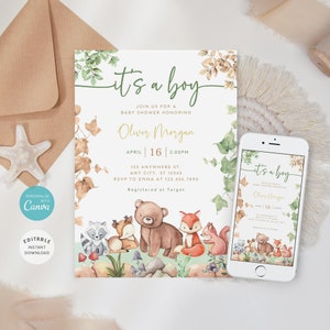 Editable Woodland Baby Shower Invitation, Forest Animals Invite, Boy Baby Shower Invitation Template, Woodland animals, It&#39;s a Boy, B-270