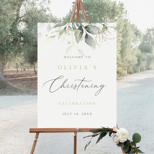 Christening Welcome Sign Template, Editable Baptism Welcome Sign, Greenery Baptism Welcome Sign, Baptism Poster, Instant Download, BS-85
