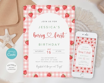 Strawberry First Birthday Invitation Template, Evite (Digital Download)