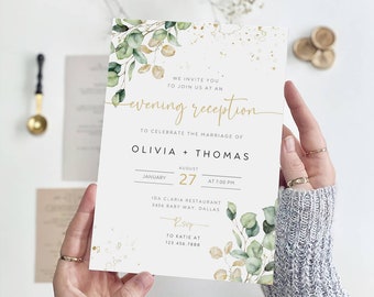 Plantilla de invitación para recepción de boda con eucalipto y vegetación (descarga digital)