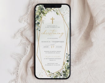 Greenery Christening Invitation Template, Elegant Baptism Evite (Digital)