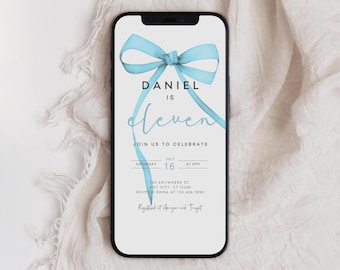 Blue Bow 11th Birthday Invitation, Electronic Evite (Digital Download)