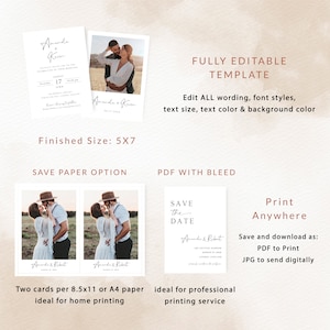 May include: Editable wedding save the date template with a photo of a couple in a rustic setting. The template is available in two sizes: 5x7 inches and 8.5x11 inches. The template is fully customizable and can be printed at home or at a professional printing service.