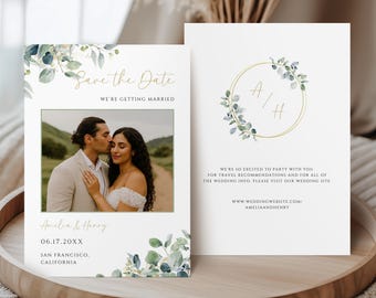 Printed Photo Save the Date Cards, Greenery Wedding Announcement, Double-Sided Card