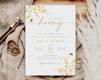 A Little Honey Is On The Way Invitation, Gender Neutral Baby Shower Invite, Bee Baby Shower Invitation, Editable Template, B-292