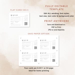 May include: Printable RSVP card template for a wedding or other event. The template is fully editable and can be printed on 8.5x11 inch or A4 paper. The template includes four cards per page, making it ideal for home printing.
