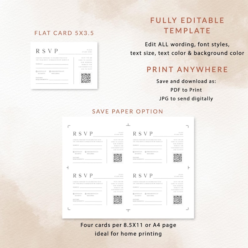 May include: Printable RSVP card template for a wedding or other event. The template is fully editable and can be printed on 8.5x11 inch or A4 paper. The template includes four cards per page, making it ideal for home printing.